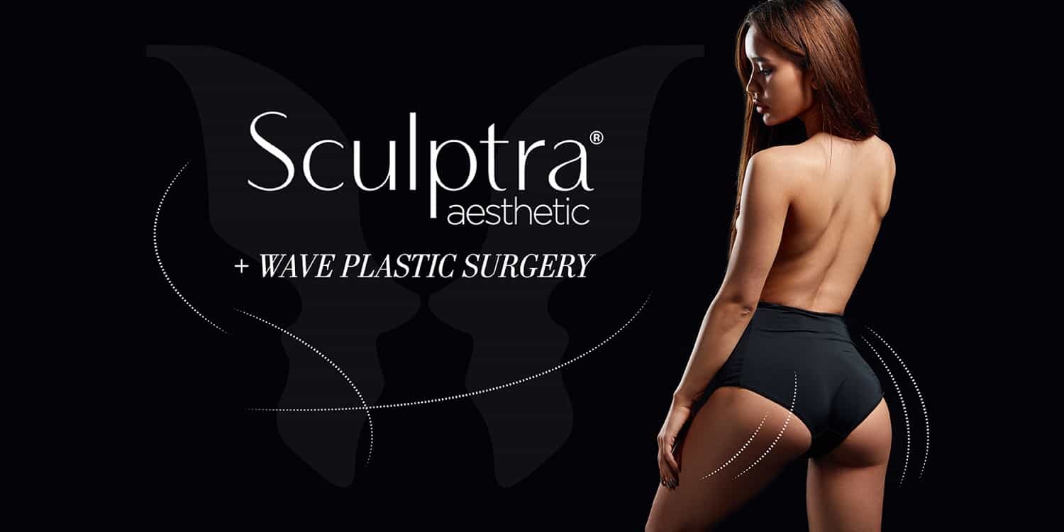 Sculptra Aesthetic at Wave Plastic Surgery product image with a girl standing on the right side with a black background