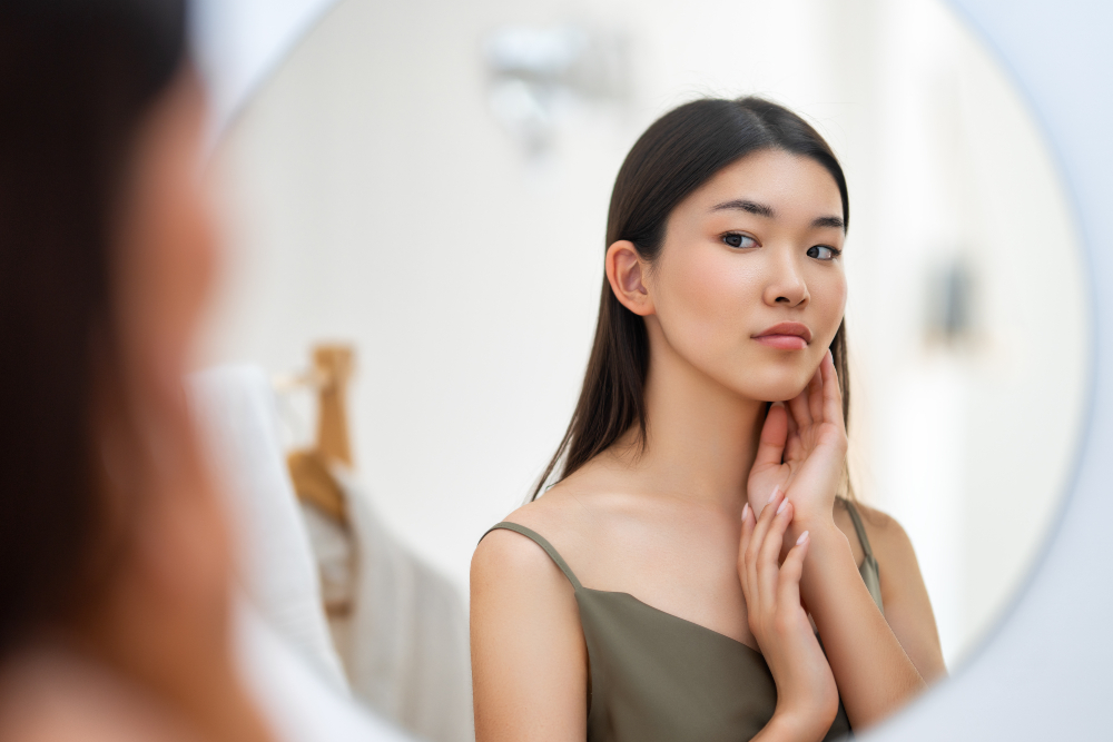 woman looking at mirror